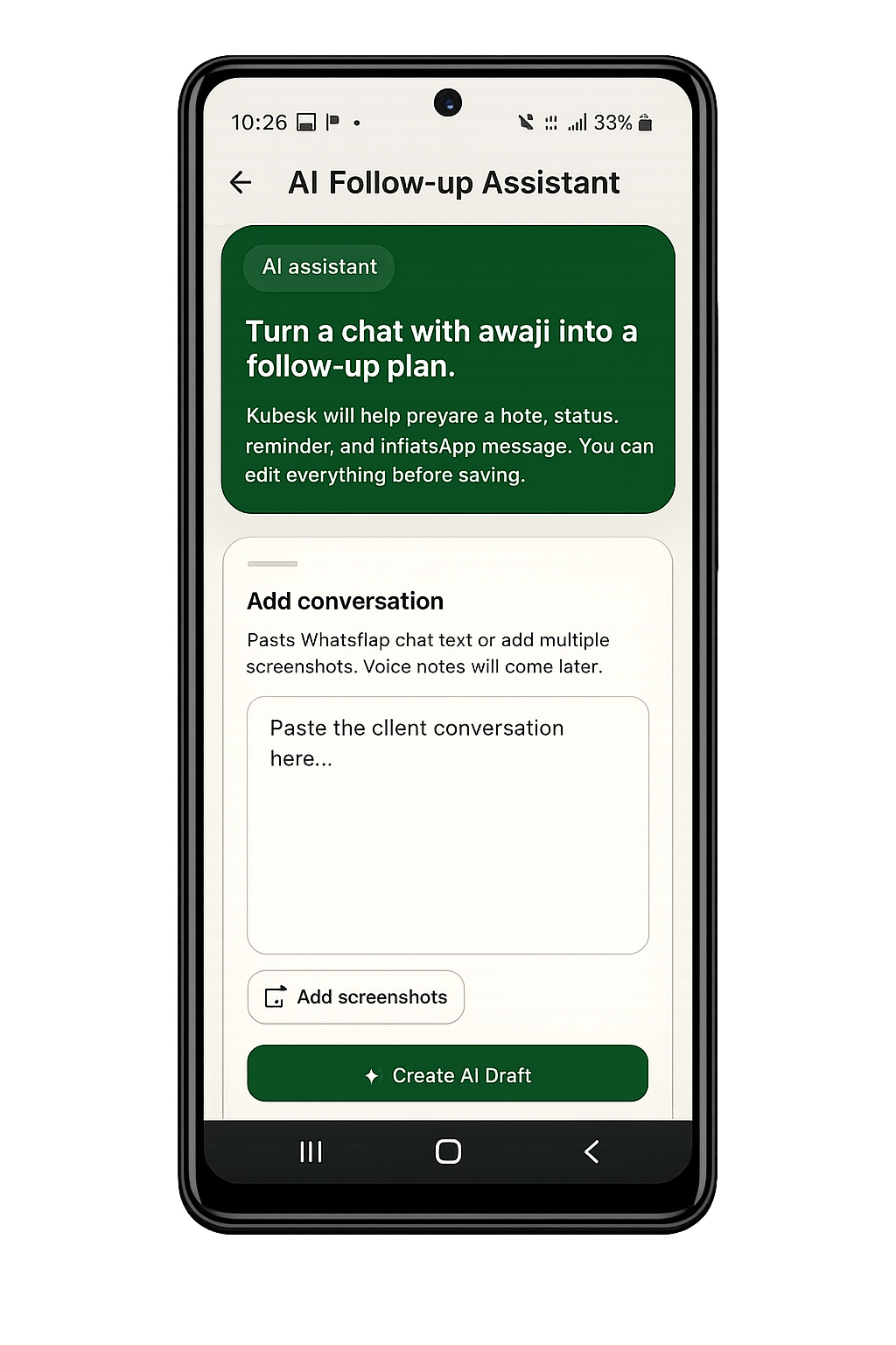 KuDesk AI assistant turning a customer conversation into a follow-up plan