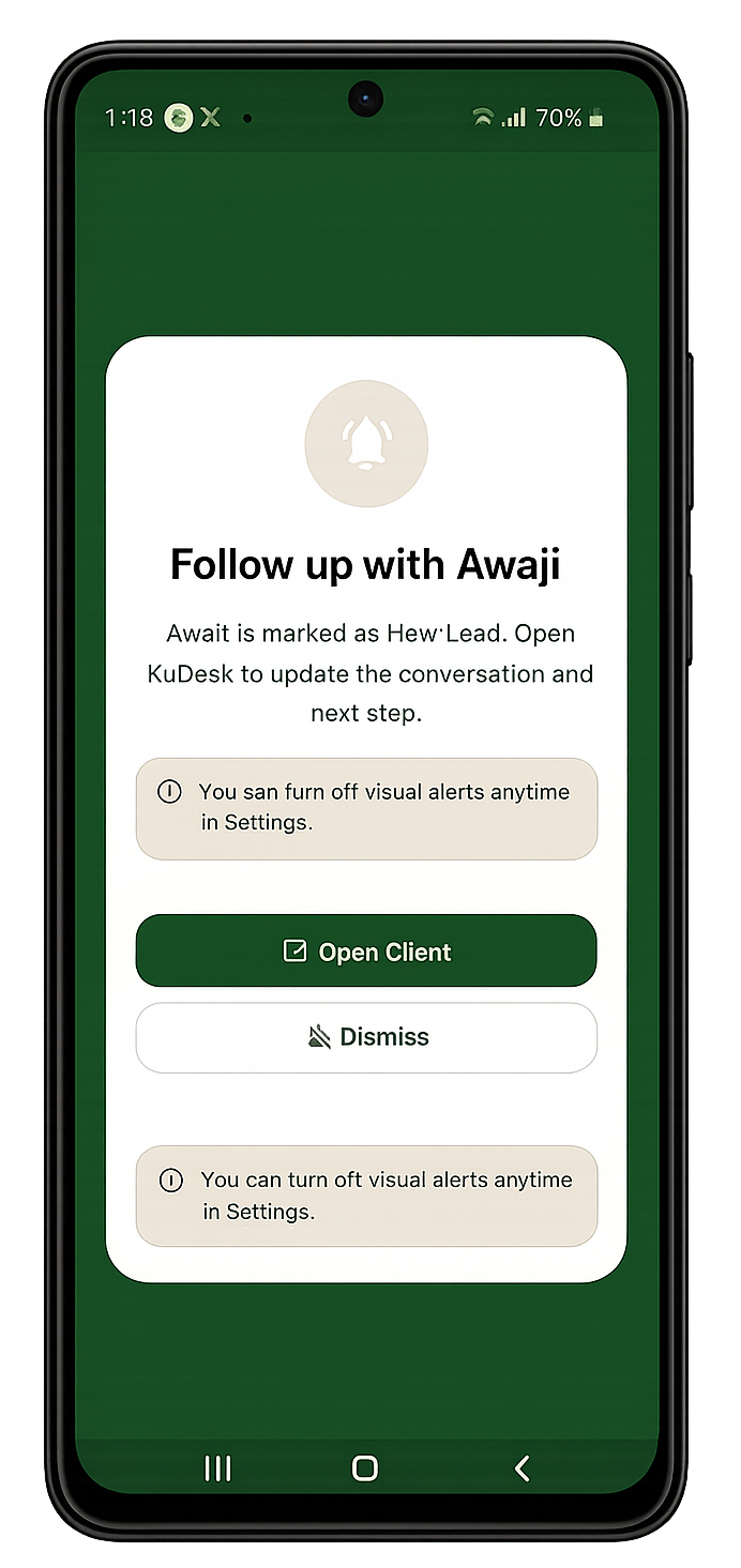 KuDesk full-screen client follow-up reminder alert