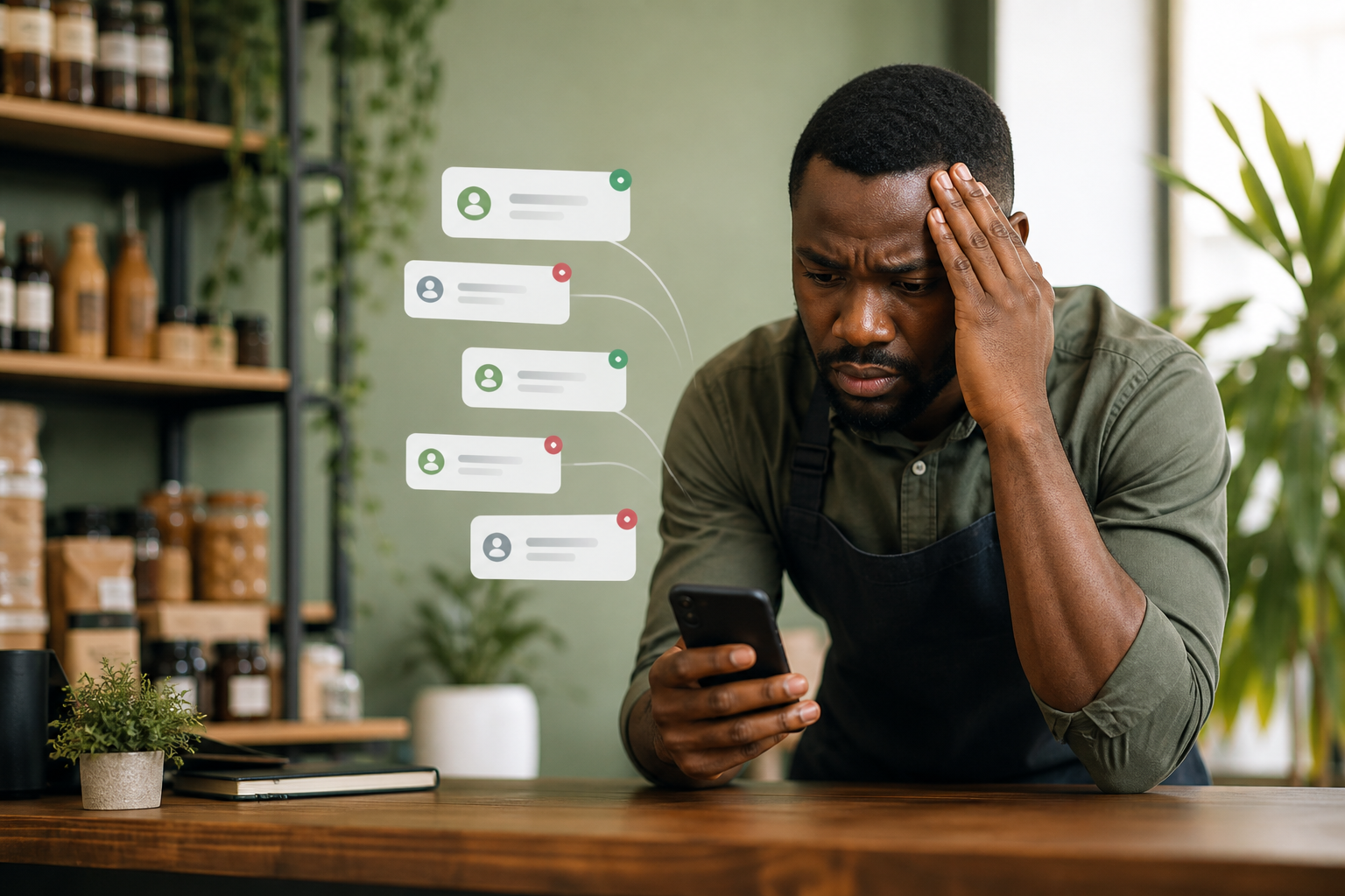 Small business owner trying to manage many customer messages from a phone