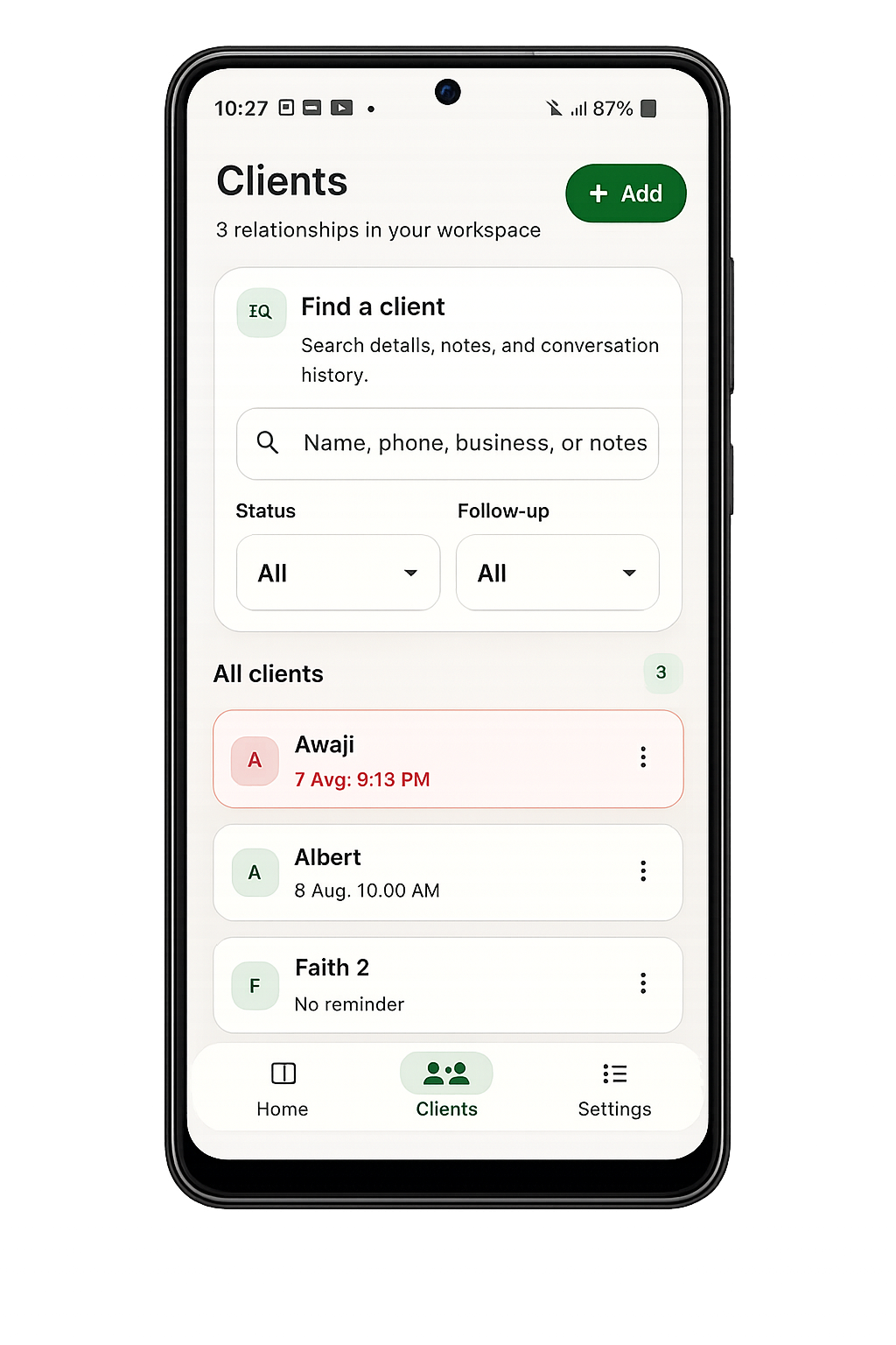 KuDesk client list with customer search and follow-up status