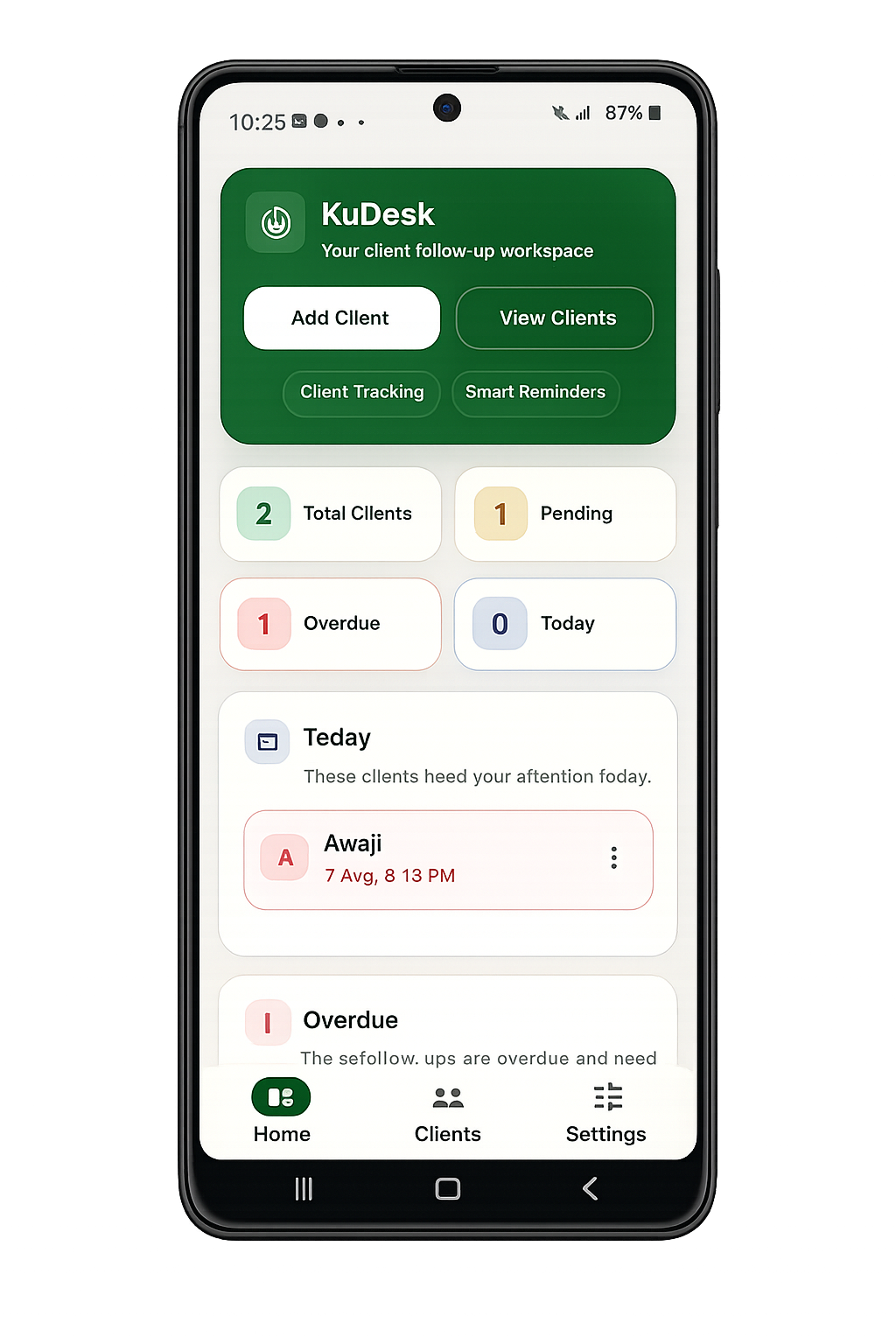 KuDesk dashboard showing clients, overdue tasks, and today's reminders